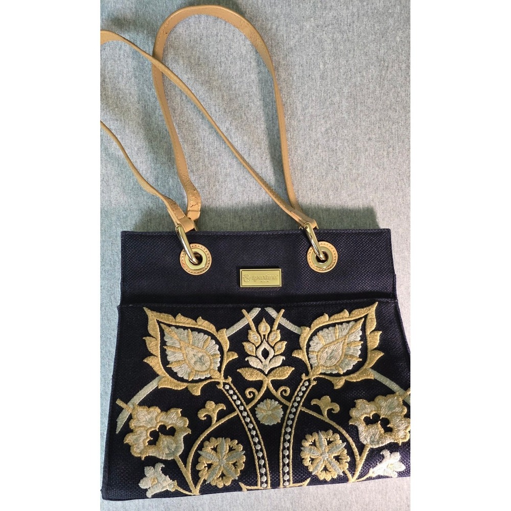 Spartina 449 Navy Blue Linen Embroidered Floral Shoulder Bag Tote Gold Hardware
